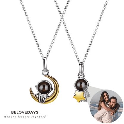 Beloved Couples Moon and Star Astronaut Matching Necklace (Silver and Gold 14k plated)