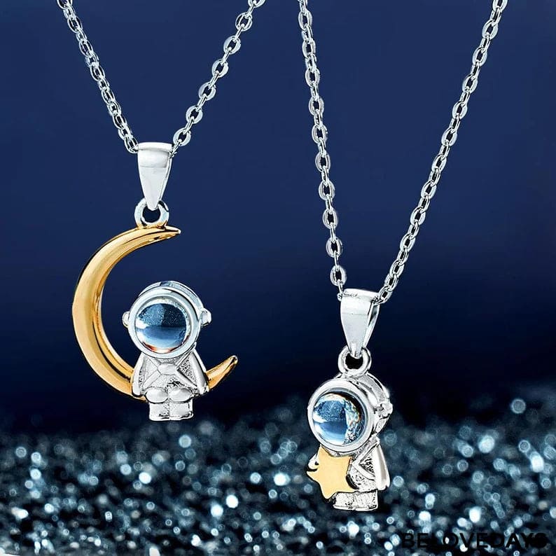 Beloved Couples Moon and Star Astronaut Matching Necklace (Silver and Gold 14k plated)